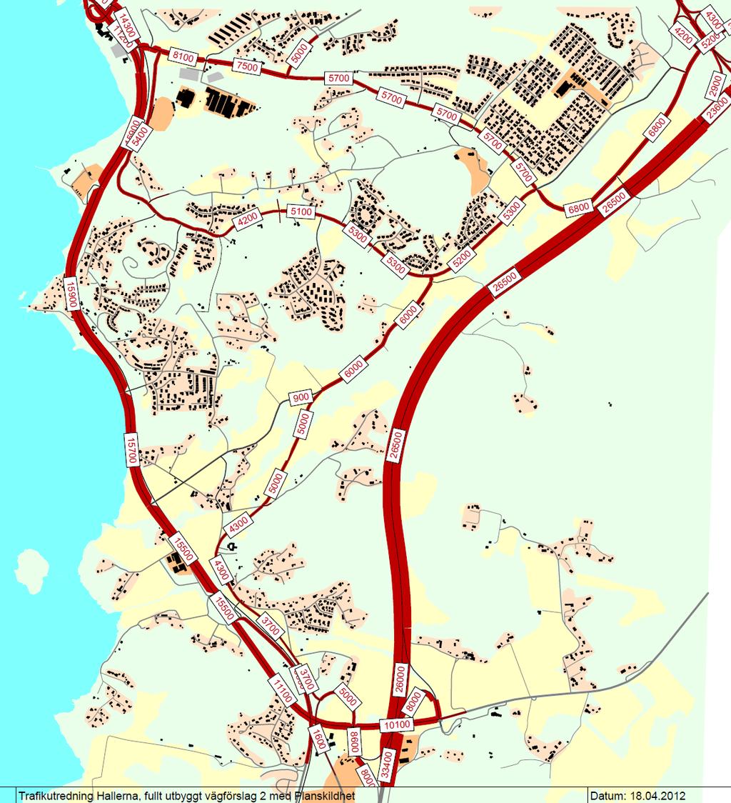 18 (28) 11 600 Figur 11: Förväntad trafikfördelning i huvudvägnät enligt förslag 2 med planskild korsning i nordväst.