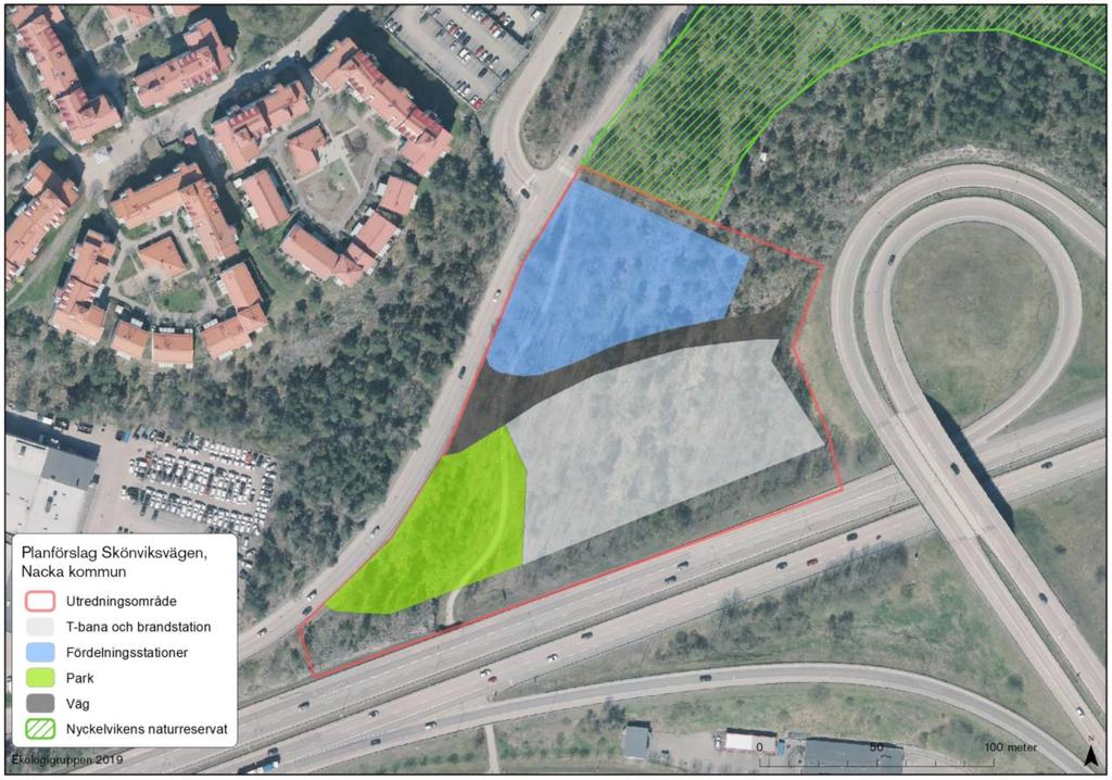 Figur 3. Planförslag för bebyggelse inom utredningsområdet vid Skönviksvägen. Större delen av området kommer tas i anspråk av bebyggelse i planförslaget, en mindre del utgörs av parkmiljö.