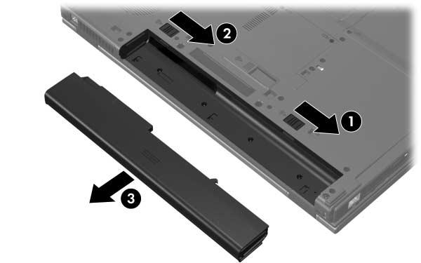 Batterier Så här tar du ut ett huvudbatteri: 1. Vänd datorn uppochned på ett plan yta med batteriplatsen vänd mot dig. 2.