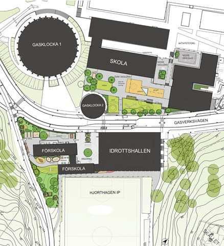 Sida 3 (9) närområdet naturligt kan mötas. Denna placering stärker även Gasverkets funktion som den centrala mötesplatsen i stadsdelen samt samverkar med den planerade skolan.