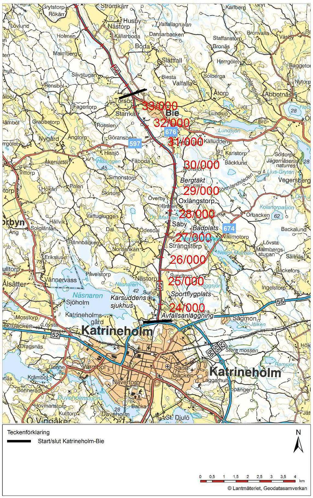 Figur 1.1 Översikt väg 56 mellan Katrineholm och Bie.