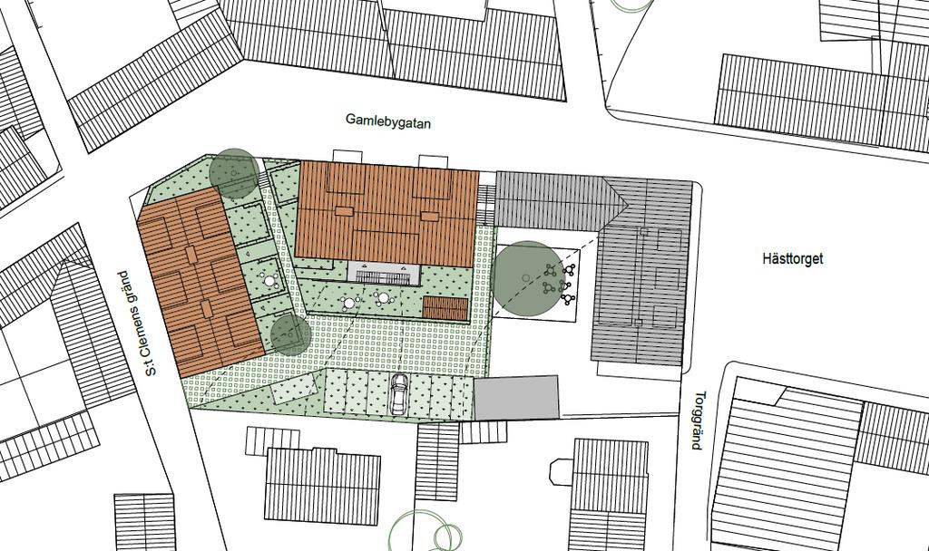 Bebyggelseområden Befintlig och planerad ny bebyggelse Bebyggelsen på planområdet består idag av bostäder och kontorslokaler (Bocken 10-11). Den äldre korsvirkesbyggnaden används som bostad.