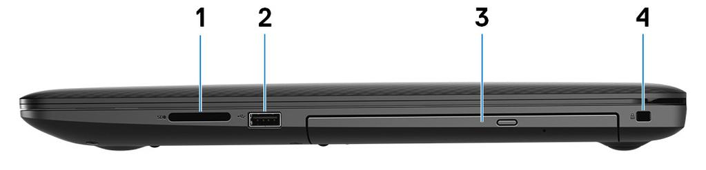 3 Vyer av Inspiron 3782 Höger 1 SD-kortplats Läser från och skriver till SD-kortet. 2 USB 2.0-port Anslut kringutrustning, såsom lagringsenheter och skrivare.