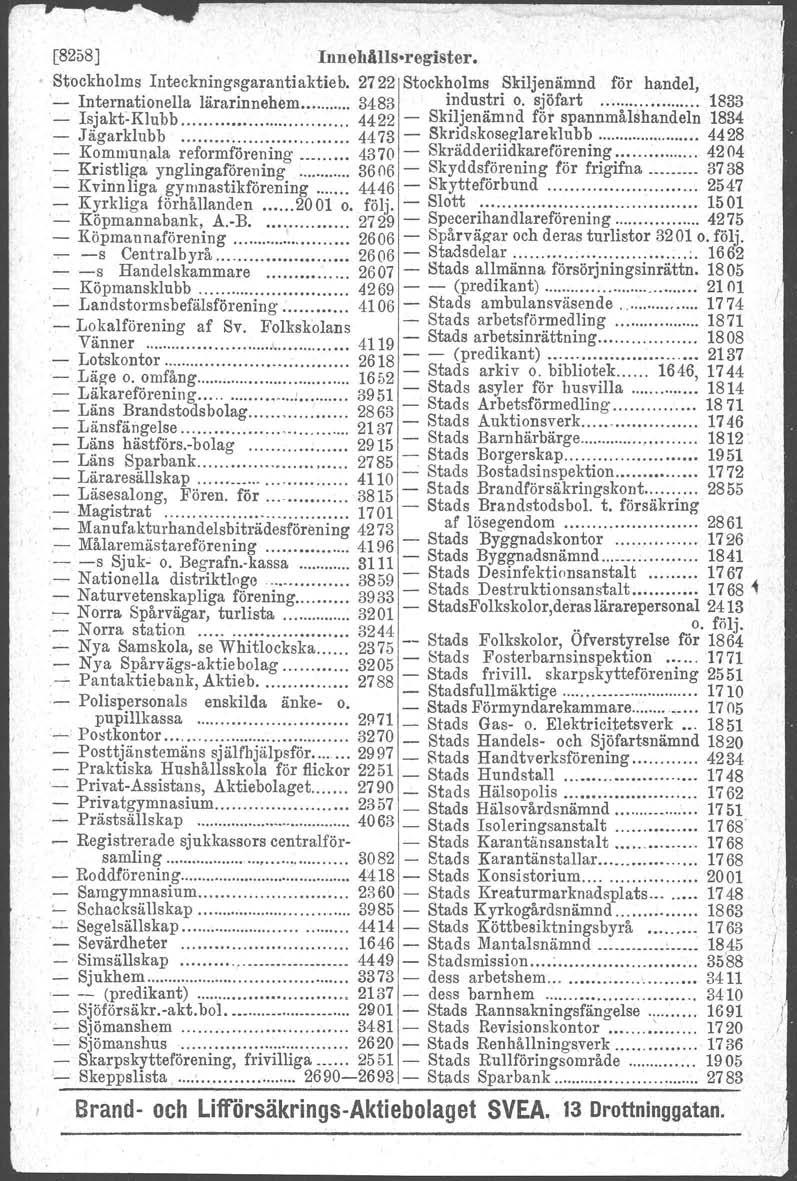 [8258] Innehålls-register. Stoekholms Iuteckningsgarantiaktieb, 2722 Stockholms Skiljenämnd för handel, - Internationella lärarinnehem 3483 industri o. sji?fart.