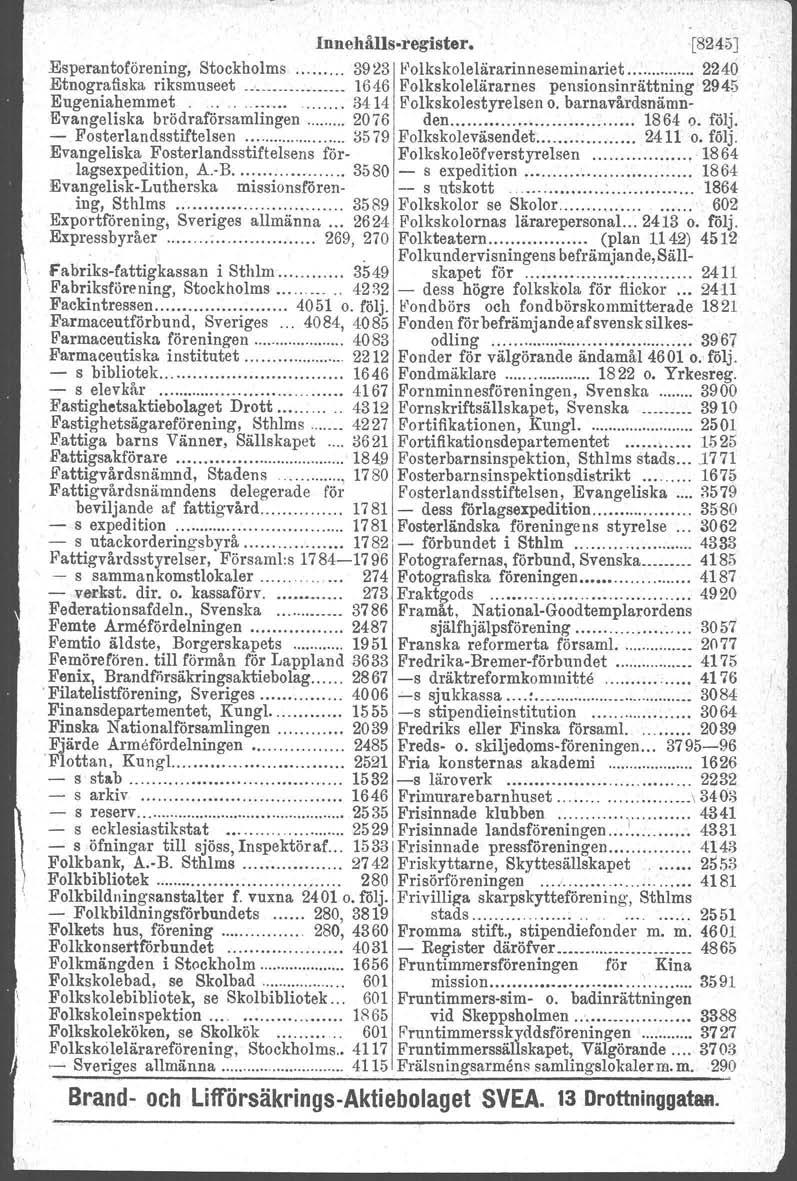 "'1 Innehålls-register. [82415J Esperantoförening, Stockbolms 39 23 Folkskclelårarinnesemiuariet.. : 2240 Etnografiska riksmuseet..' 1646 Polkskolelärarues pensionsinrättning ' 2945 Eugeniahemmet.