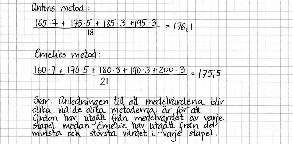 Elevlösning 2 (1 C R ) Kommentar: Elevlösningen innehåller en beräkning som förklaring till att Anton använder klassmitten i sina beräkningar.