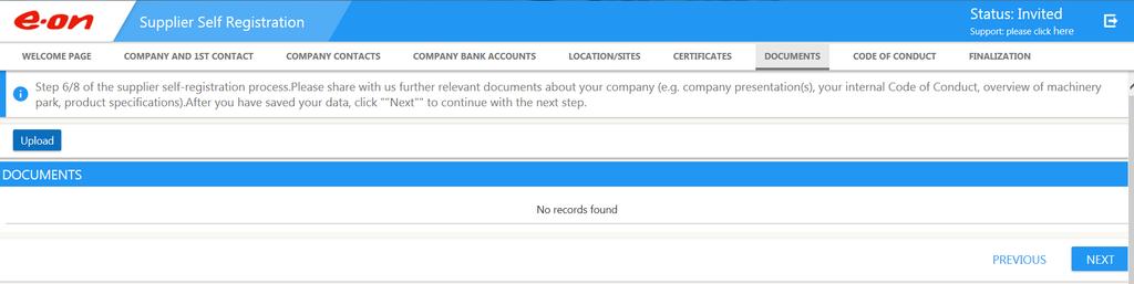 Självregistrering för leverantör: Fliken DOCUMENTS ( DOKUMENT ) Om