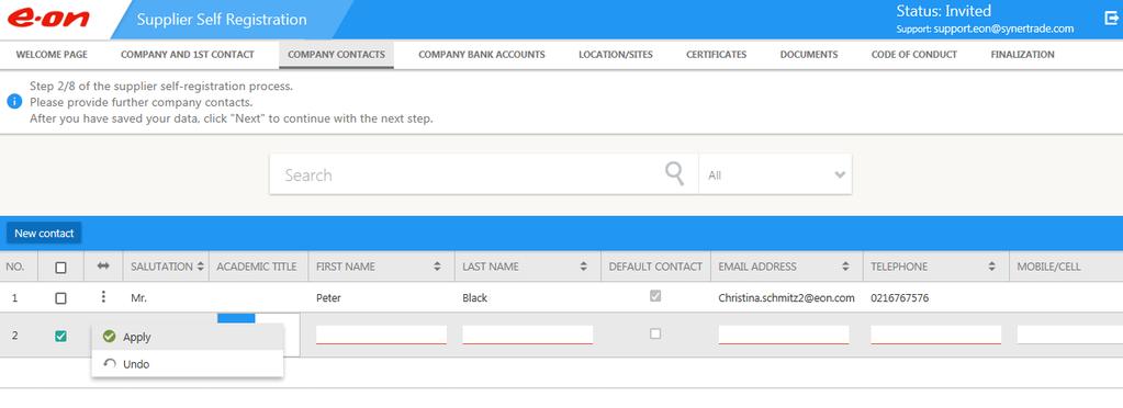 Självregistrering för leverantör: Fliken COMPANY CONTACTS ( FÖRETAGSKONTAKTER ) Klicka på New contact ( Ny kontakt ) för att skapa en eller flera nya kontaktpersoner.