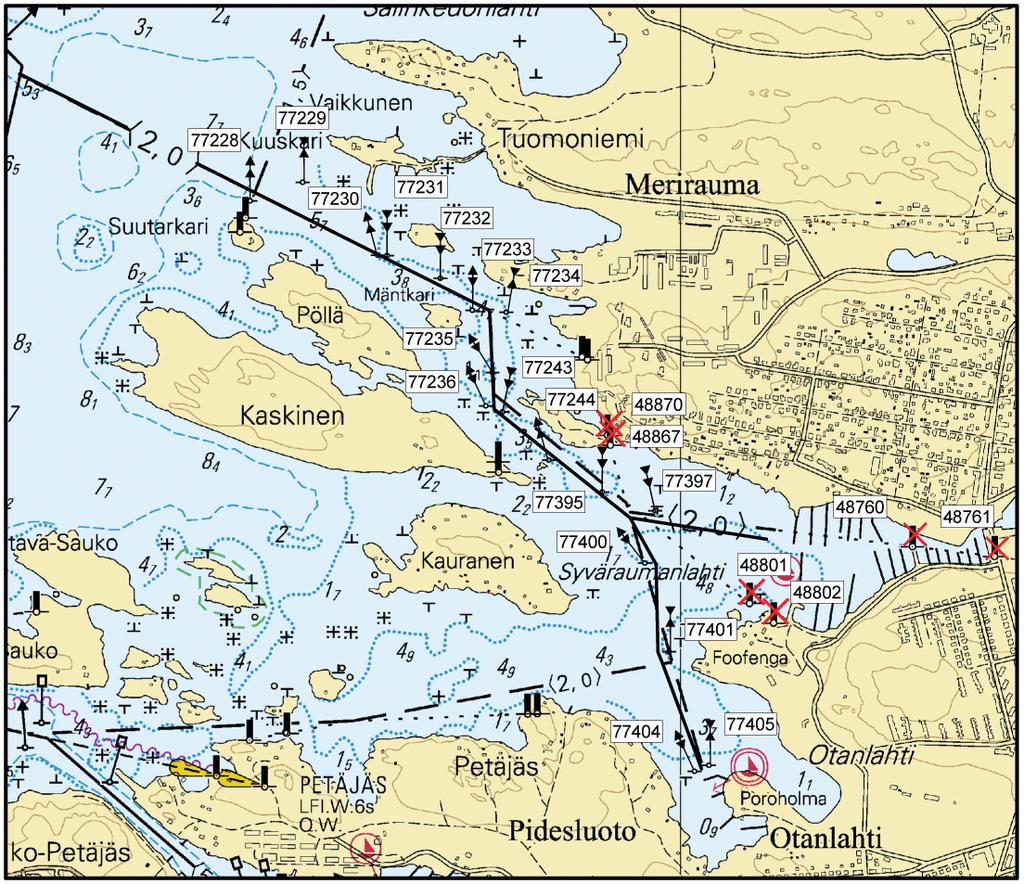 14 E. Poistetut linjamerkit Indragna ensmärken Withdrawn leading beacons (Kartta - Kort - Chart E/804/804_1 ) Poista Stryk Delete: Nr 48867 61 08.6568 N 21 27.7738 E 2) 48870 61 08.6718 N 21 27.