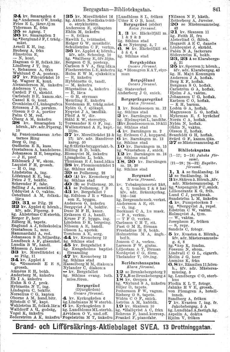 Berg-sgatan - Bib1i oteksga tan. 24 kv. Smaragden 6 135 kv. Morellträdet 16 Lundblom S L, fröken äg;* Anderson OW,husäg. äg. Aktieb. Nordiska tvätt- Utter K O B, kont. Fries E L, järnv.tj:m o.