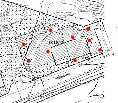 MILJÖTEKNISK MARKUNDERSÖKNING AV KV. SMEDJAN, ALINGSÅS KOMMUN 13 4 Genomförande 4.1 Provtagningsplan En provtagningsplan upprättades och provtagningens omfattning bestämdes i samråd med TB-gruppen.