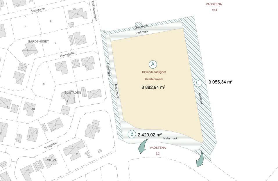 16 (20) Bild 8: Föreslagen fastighetsbildning Rättigheter Berörda delen av fastigheten Vadstena 4:44 belastas av en ledningsrätt för fjärrvärme med beteckning 0584-06/2.1. Ledningsrätten fastställs i planen genom markreservat för allmännyttiga underjordiska ledningar i form av ett u-område.