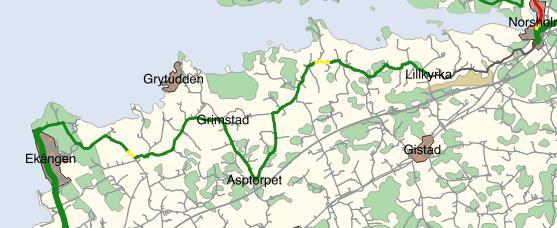 1.8. EKÄNGEN NORSHOLM Karta 7: Ekängen Norsholm Beskrivning Sträckan från Ekängen Norsholm är ca 27 km lång och går nästan uteslutande i blandtrafik med högsta tillåtna hastighet 70 km/h.