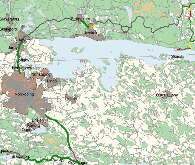 1.15. ALTERNATIV STRÄCKA MOT STOCKHOLM VIA NORRKÖPING Karta 15: Alternativ sträcka via Norrköping för vidare koppling mot Stockholm En alternativ sträcka upp mot Stockholm går via Norrköping.