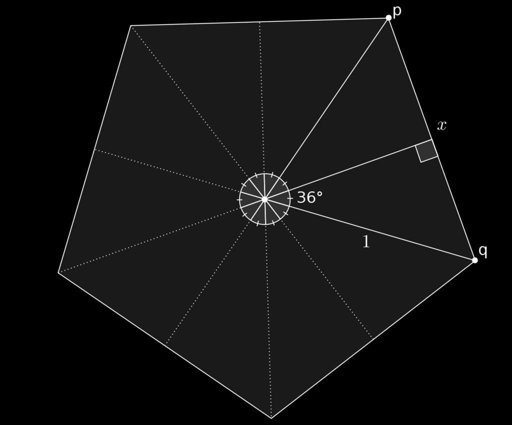Linjerna som ritas ut nu är endast menade som hjälp i beräkningen.) Dra också en linje från mittpunkten, till den punkt på pentagonens sida som ligger precis mitt emellan p och q.