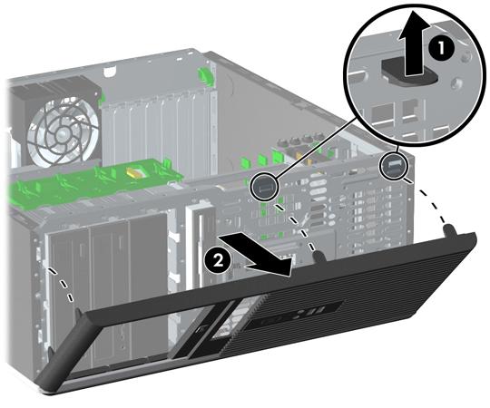 Ta bort frontpanelen. 1. Ta bort/koppla bort alla säkerhetsanordningar som förhindrar att datorn öppnas. 2. Ta bort alla löstagbara media, såsom disketter eller cd-skivor, från datorn. 3.