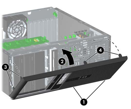 Sätta tillbaka frontpanelen 1. Placera de nedre upphängningspunkterna på frontpanelen i deras respektive spår i chassit (1). 2. Vrid fast frontpanelen på chassit (2). 3.