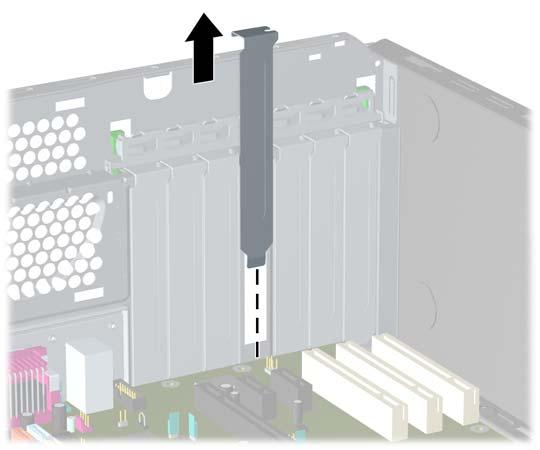 OBS! Innan du tar bort ett befintligt expansionskort lossar du först alla kablar som kan vara anslutna till kortet. a. Ta bort skyddet över tillhörande kortplats på datorchassits baksida om du installerar ett expansionskort i en ledig sockel.