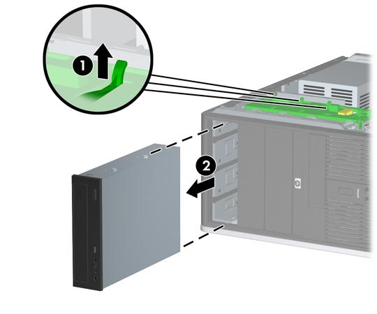 Bild 2-20 Ta bort en 5,25-tumsenhet från datorkonfigurationen (bilden visar en optisk enhet) När du tar bort en 3,5-tums- eller en 5,25-tumsenhet från minitowerkonfigurationen, skjuter du upp den