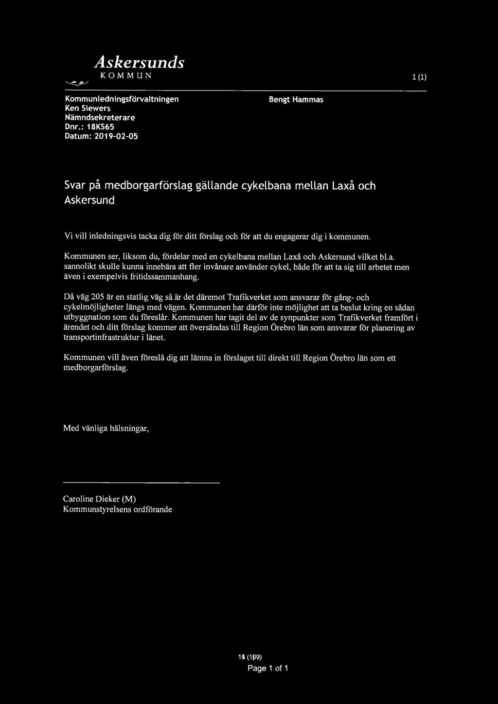 rxl Askersunds LOJ KOMMUN 1 (1) Kommunledningsförvaltningen Ken Siewers Nämndsekreterare Dnr.