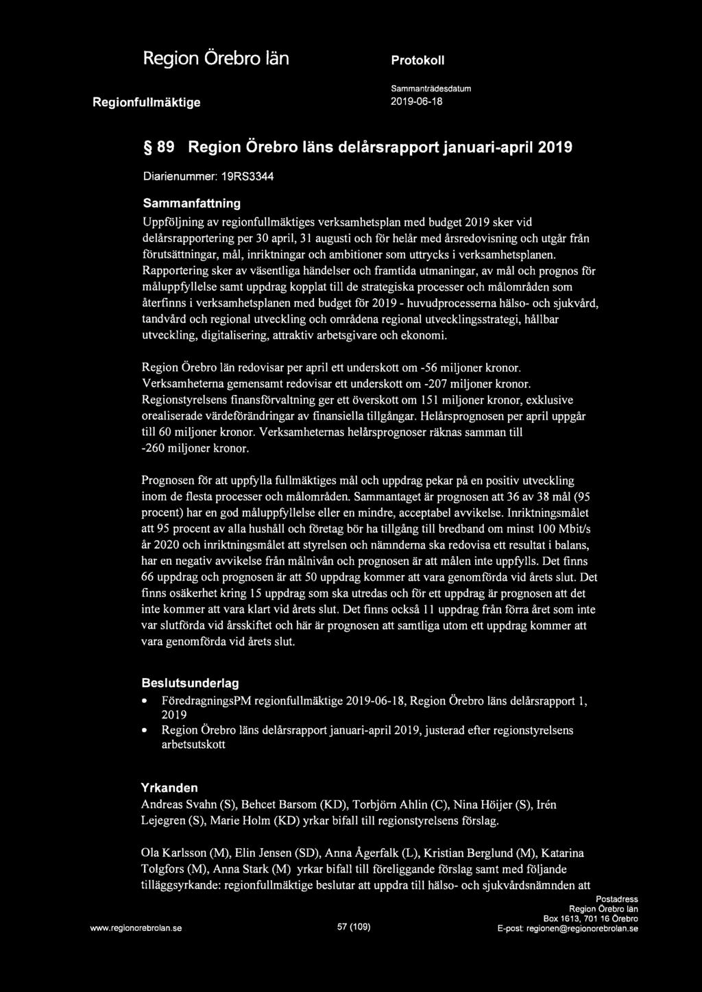, Regionfullmäktige Protokoll Sammanträdesdatum 2019-06-18 89 s delårsrapport januari-april 2019 Diarienummer: 19RS3344 Sammanfattning Uppföljning av regionfullmäktiges verksamhets plan med budget