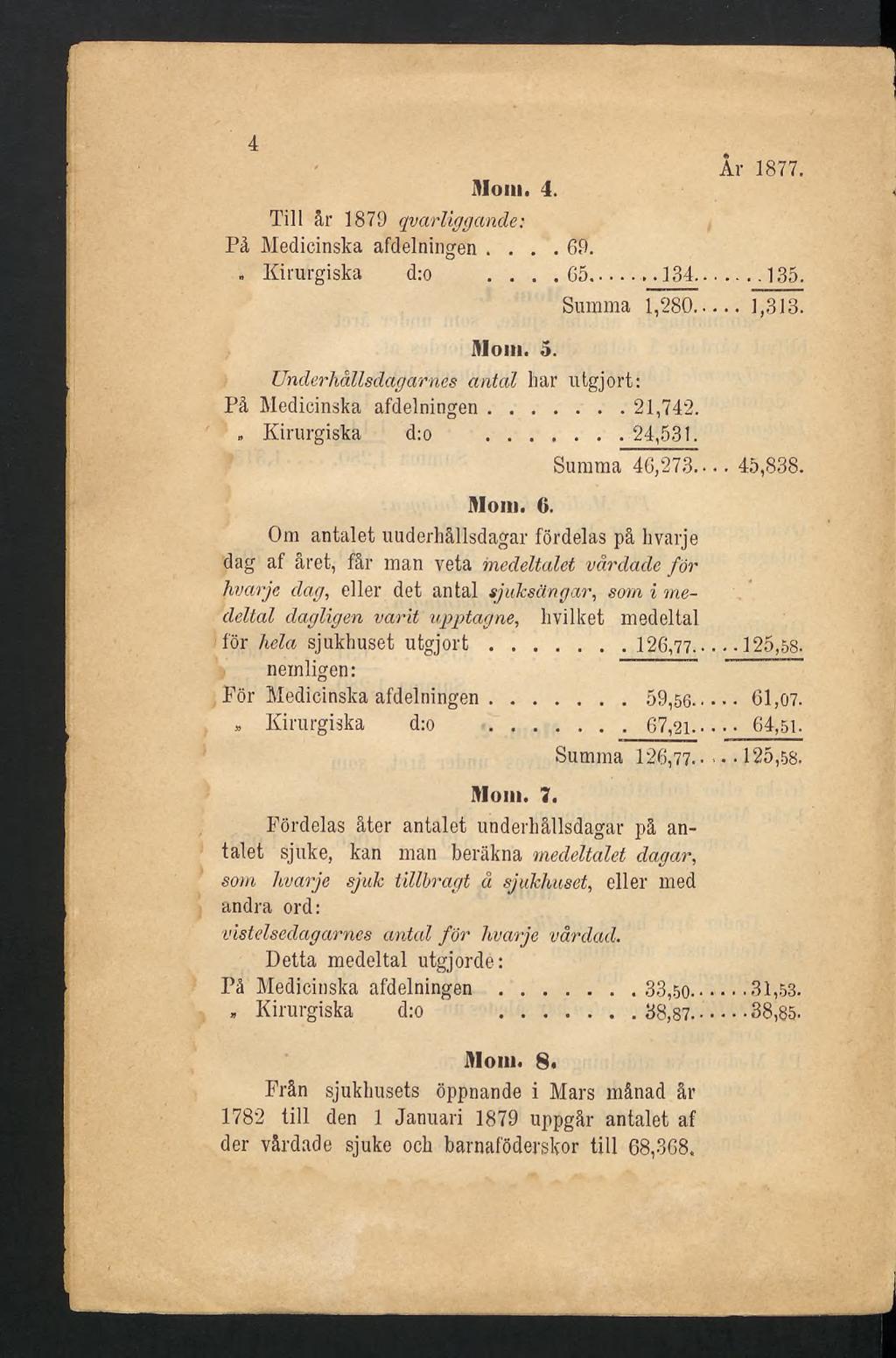 4 År 1877. Mom. 4. Till år 1871) qvarliggande: På Medicinska afdelningen... 69.. Kirurgiska d:o....65....134... 135. Summa 1,280...1,313. Mom. 5.