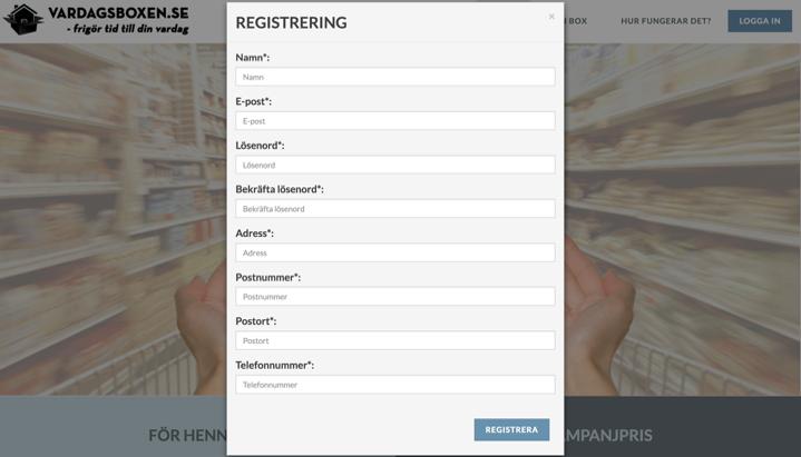 1.2. Inloggning och registrering För att bli medlem på Vardagsboxen klickar användaren på Logga in för att sedan klicka sig vidare till Registrera dig, se figur 7.