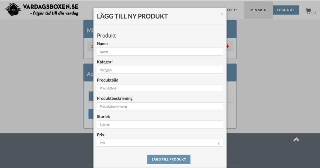 Figur 10 - Lägga till en ny produkt som administratör. I administrationsverktygen finns även möjligheten att lägga till nya produkter. Detta genomförs genom att fylla i formuläret, se figur 10.