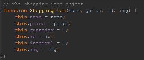 Figur 22 - Produkternas uppbyggnad som JavaScript-objekt. Kopplingen till local storage sker sedan när användaren väljer att lägga det första exemplaret av en viss produkt i varukorgen.