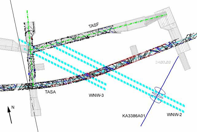 The elongation of the WNW2 structure as defined from tunnel indications towards the SE of the model crosses three main water inflow points in borehole KA3386A01 between L=36 to L=41 m, see Figure 219.