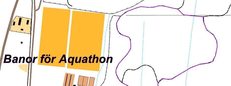 Löpmomentet i Aquathon tävlingen är två varv på 1,8 km motionsspåret, med passage över parkeringen på väg ut från växling och varvning, och längs och över vägen på väg in till