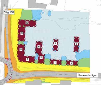 uppgår till 65 dba på flera fasader med prognostiserad trafikmängd år 2040 med en hastighet på väg 108, Lundavägen, på 60 km/h.