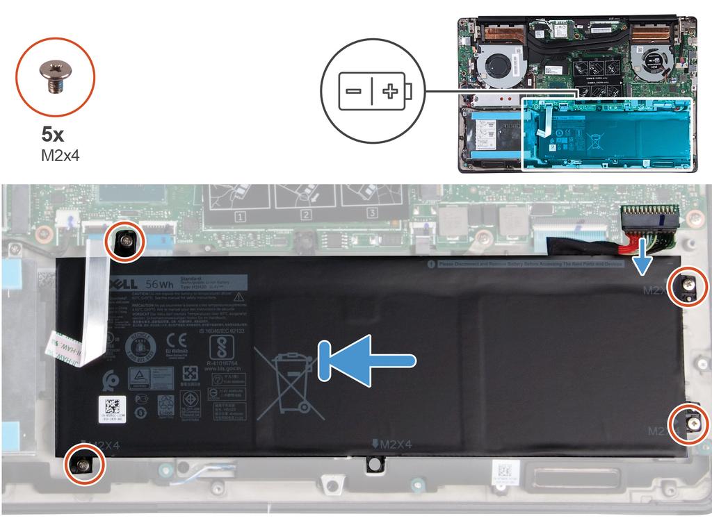 2. Ta bort de fyra skruvarna (M2x4) som håller fast batteriet i handledsstöds- och tangentbordsenheten. 3. Lyft av batteriet från handledsstöds- och tangentbordsenheten.