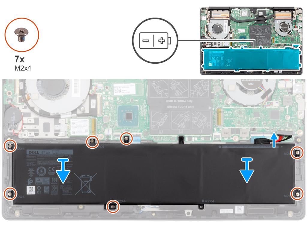 1. Placera batteriet på handledsstöds- och tangentbordsenheten och placera skruvhålen på batteriet med skruvhålen på handledsstödsoch tangentbordsenheten 2.