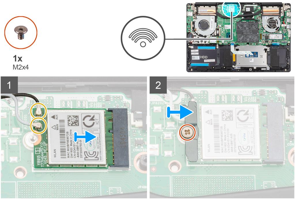 1. Rikta in skåran på WLAN-kortet med fliken på WLAN-kortplatsen och sätt in WLAN-kortet i en vinkel i WLAN-kortplatsen. 2. Anslut antennkablarna till WLAN-kortet. 3.