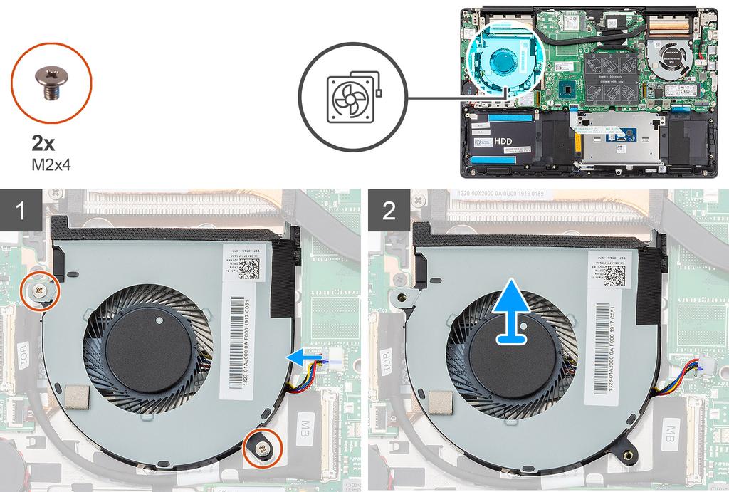 Nästa 1. Installera batteriet. 2. Installera kåpan. 3. Följ anvisningarna i När du har arbetat inuti datorn. Grafikprocessorenheten (GPU) fläkt Ta bort GPU-fläkten 1.