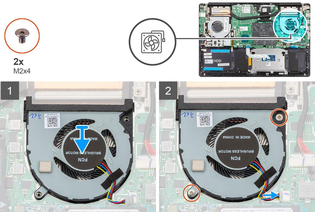 1. Skjut på och placera CPU-fläkten på handledsstöds- och tangentbordsenheten. 2. Rikta in skruvhålen på CPU fläkten mot skruvhålen på handledsstöds- och tangentbordsenheten. 3.