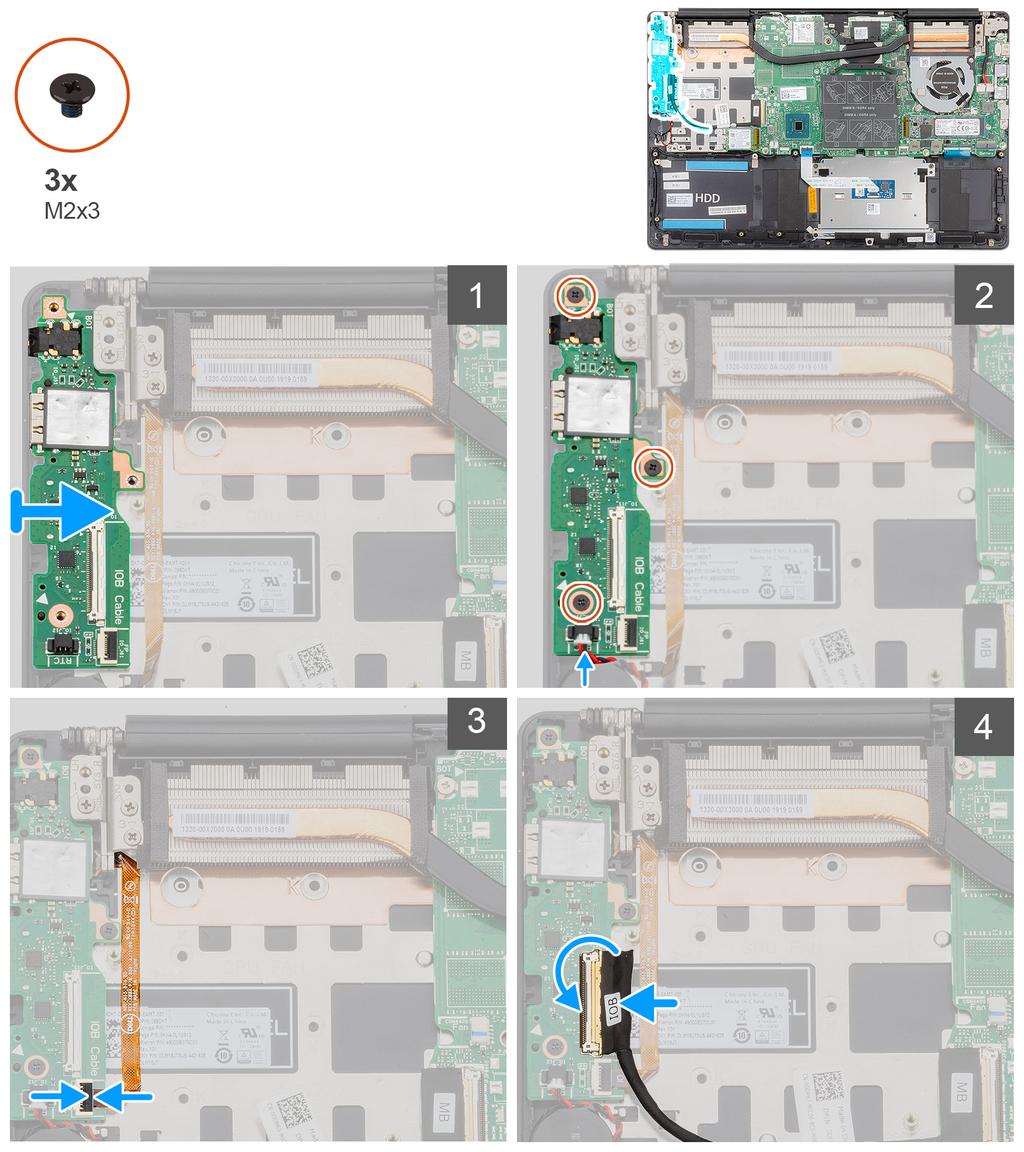 1. Placera I/O-kortet på handledsstöds- och tangentbordsenheten. 2. Rikta in skruvhålen på I/O-kortet med skruvhålen på handledsstöd- och tangentbordsmonteringen. 3.