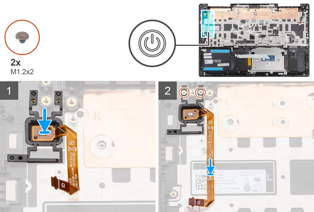 Figuren visar placeringen av strömbrytaren med fingeravtrycksläsaren och ger en visuell representation av installationsproceduren. 1.