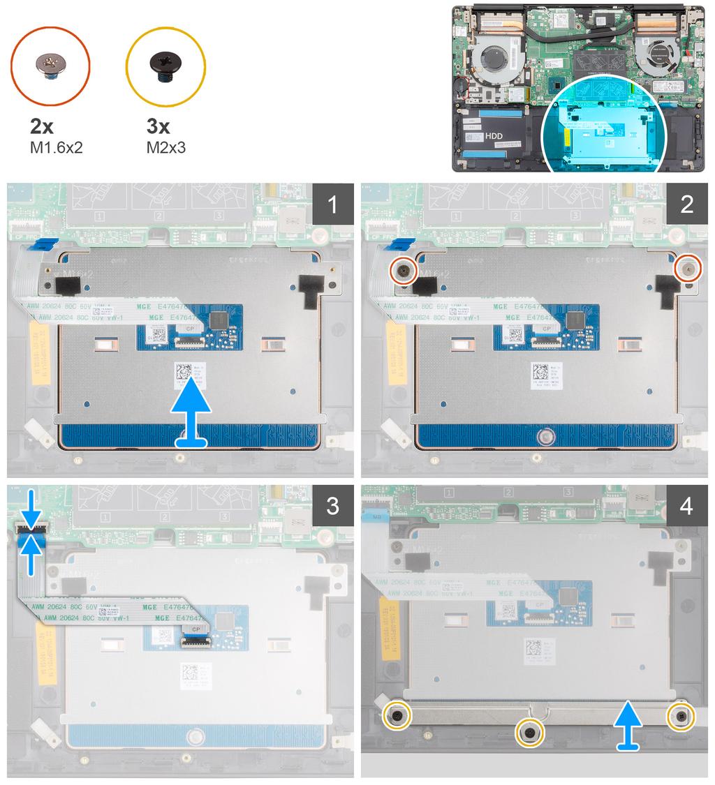 4. Ta bort de två skruvarna (M1.6x2) som håller fast pekplattan i handledsstöds- och tangentbordsenheten. 5. Lyft ut pekplattan, tillsammans med kabeln, från handledsstöds- och tangentbordsenheten.