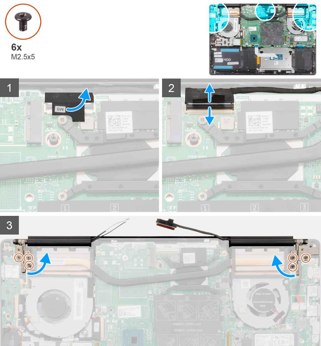 Nästa 1. Installera högtalarna 2. Installera batteriet. 3. Installera kåpan. 4. Följ anvisningarna i När du har arbetat inuti datorn. Bildskärmsenhet Ta bort bildskärmsenheten 1.