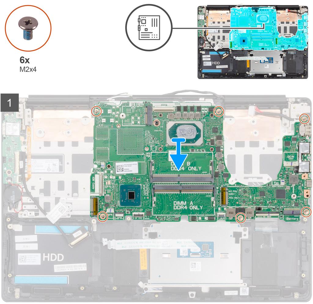 Bilden visar placeringen av moderkortet och ger en visuell