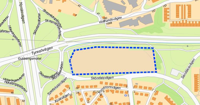 Sida 3 (8) Bakgrund till överenskommelsen Gubbängsmotet Tyresövägen Sköndalsvägen Bild 1, Ungefärligt planområde markerat med blå streckad linje Syftet med projektet är att möjliggöra