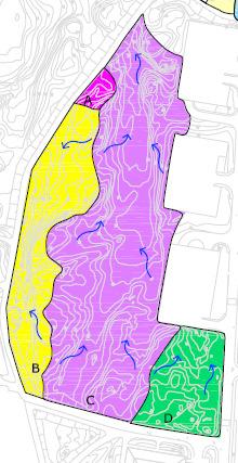 Södra området Figur 2. Bild över södra planområdet med delavrinningsområden enligt nivåkurvor. Delavrinningsområden är markerade med olika färger, pilarna visar vattnets flödesriktning.