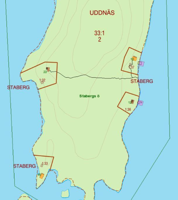 Bilaga 5: Skötselplan 5 (14) Figur 2. Elkabel, svart linje, tvärs över ön. Figur 3. Servitut för gångväg och båtplats.