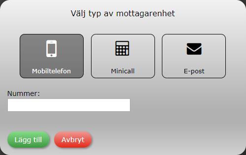PIN-kod Mottagarenheter för larm PIN-kod som används vid inloggning i en PAC. Minst ett tecken, endast siffror. Lista på mottagarenheter kopplade till användaren.