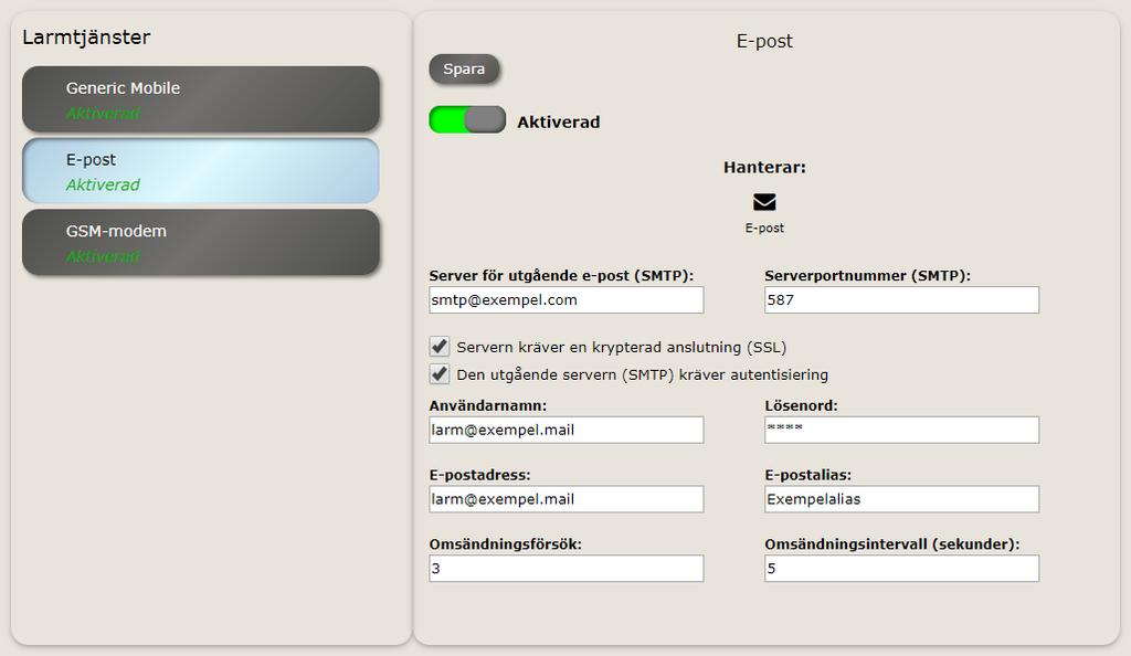 Larmtjänster Larmtjänster sköter larmutskicken. Det finns tre larmtjänster; Generic Mobile, E-post och GSM-modem. Olika larmtjänster sköter utskick till olika typer av mottagarenheter.