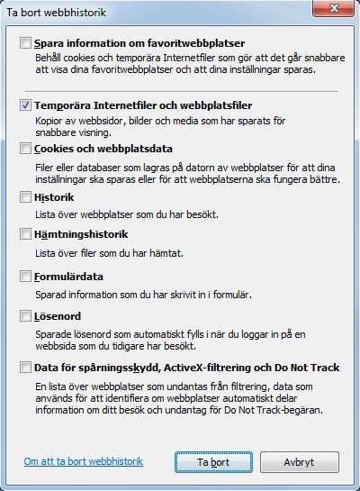 Internet Explorer (PC) Tryck ned knapparna Ctrl, Shift och Del samtidigt för att öppna webbrensningsfönstret.