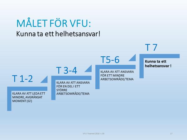 Vägen till ett helhetsansvar För varje ny VFU-period ska studenten kunna ta ett allt större ansvar, för att, under den avslutande VFU-perioden, kunna axla ett helhetsansvar.