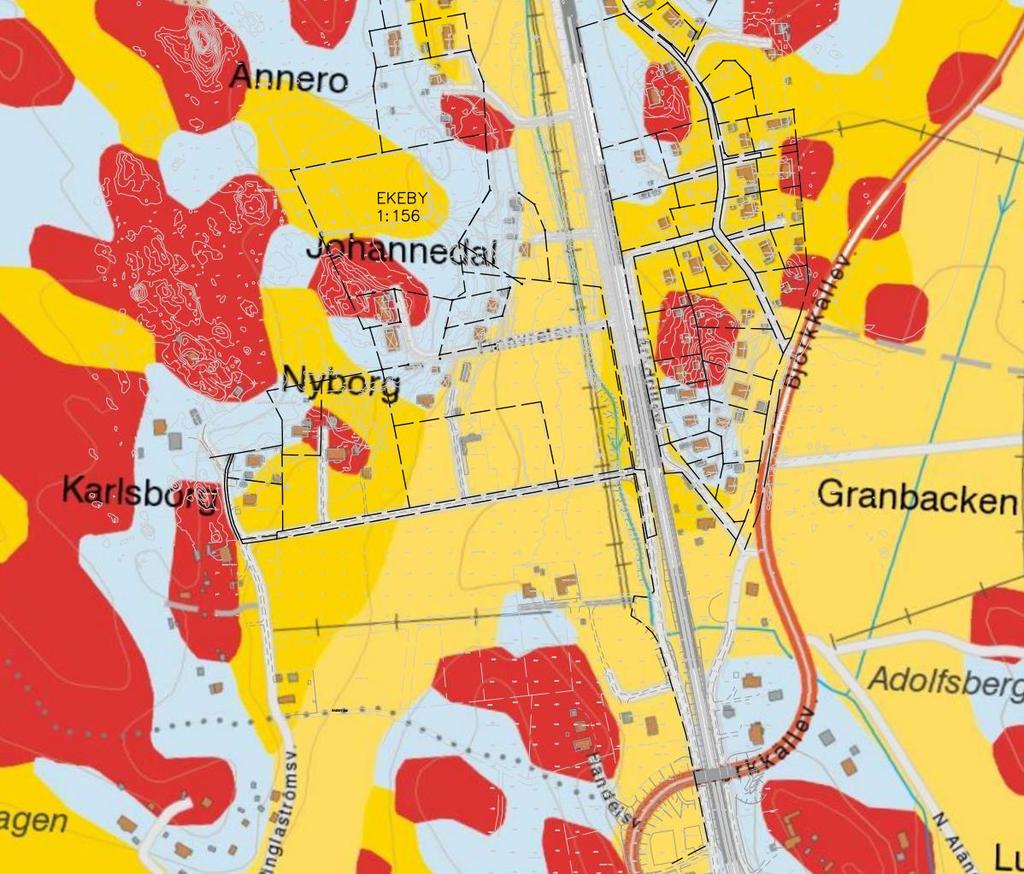 ANTAL BLAD: 12 BLAD NR: 4 3. Geologi Enligt SGU:s jordartskarta består jordarten inom Ekeby 1:156 av morän (grå), lera (gul) och berg (röd), se Figur 3.